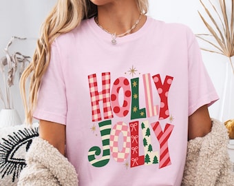 Comfort Colors Holly Jolly Christmas Shirt, Preppy Christmas T-Shirt, Retro Coquette Christmas Shirt, Festive Plaid Christmas Gift