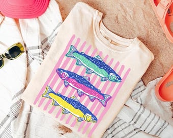 Comfort Colors Preppy Fish Striped Trout Graphic Tee, Coastal Summer Beach Shirt