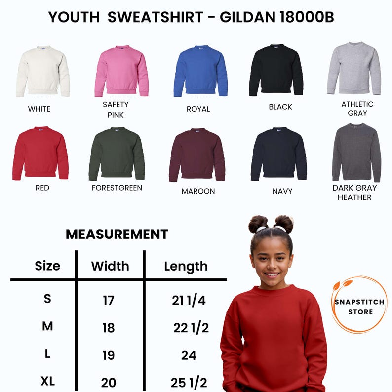 K&ouml;nnte beinhalten: Ein Jugend-Sweatshirt in verschiedenen Farben, darunter Wei&szlig;, Rosa, Blau, Schwarz und Grau. Das Bild zeigt eine Gr&ouml;&szlig;entabelle mit Ma&szlig;en in cm und den Text "YOUTH SWEATSHIRT - GILDAN 18000B". Ein junges M&auml;dchen tr&auml;gt ein rotes Sweatshirt.