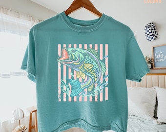 Retro Bass Fish Comfort Colors Boxy Tee, Pastel Fishing Tee, Preppy Coastal Lake T-Shirt, Colorful Summer Crop Top, Beach Lover Gift