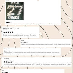 May include: A webpage featuring customer reviews. The reviews are in white text boxes against a beige background with black line art. One review mentions a green sweatshirt with the number 27 and the word "SENIOR". The text "WHAT PEOPLE SAY ABOUT Our Designs" is at the top.
