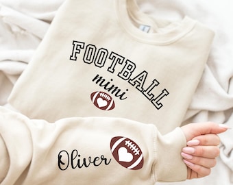 Custom Football Mimi Sweatshirt With Kids Name On Sleeve, Cute Football Season Mama  Sweater, Gift For Football Mom, Cheer Mom Hoodie