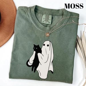 Halloween Black Cat & Ghost Comfort Colors Shirt, Halloween Ghost Tshirt, Spooky Season Cat Tee, Halloween Cute Women Outfit, Spooky Season