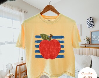 Comfort Colors® Apple Faux Patchwork Boxy Tee, Back to School Boxy Tee, First Day School Gift, Teacher Appreciation Tee