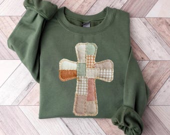 Faux Patchwork Cross Sweatshirt: Retro Quilted Christian Easter Sweater Faith Jesus Apparel Hoodie