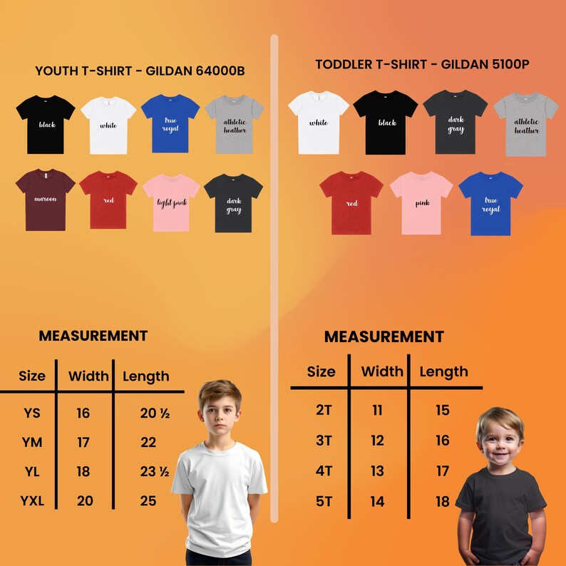 Puede incluir: Imagen de producto que muestra una variedad de camisetas para j&oacute;venes y ni&ntilde;os peque&ntilde;os en varios colores, incluyendo negro, blanco y azul. Se muestran tablas de medidas, con tallas que van desde YS hasta YXL para j&oacute;venes y de 2T a 5T para ni&ntilde;os peque&ntilde;os. Las camisetas juveniles tienen anchos de 40,6 a 50,8 cm y largos de 52,1 a 63,5 cm.