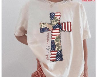 Comfort Colors Faux Patchwork 4th Of July Cross Shirt: USA American Flag Christian Tee Faith Jesus Apparel