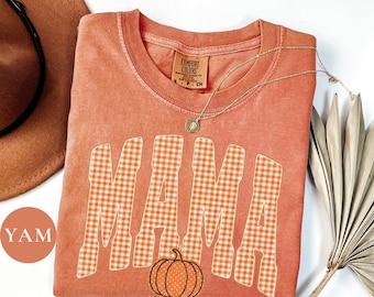 Comfort Colors® Mama Gingham Pumpkin Shirt, Varsity Mom T-Shirt