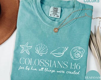 Seashell Bible Verse Shirt, Ocean Life Coastal Aesthetic, Women Faith Apparel, Oversized Beach Comfort Colors® Tee, Baptism Teen Girl Gift