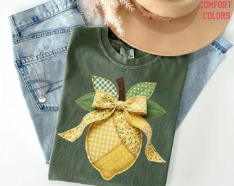 Faux Quilted Patchwork Lemon Comfort Colors Shirt, Vintage Quilt Lemon, Lemon Floral Graphic Tee, Coquette Lemon Shirt, Summer T-shirt