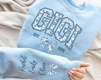 Personalized Gigi Sweatshirt, Dusty Blue Floral Grandma Sweatshirt, Custom Gigi Sweatshirt, Personalized Kid Name Sleeve, Gift For Gigi