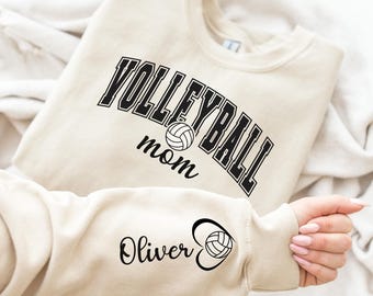 Personalize Volleyball Mom Kids Name On Sleeve Sweatshirt, Volleyball Mama Sweatshirt, Gift for Volleyball Mom, Volleyball Season Shirt