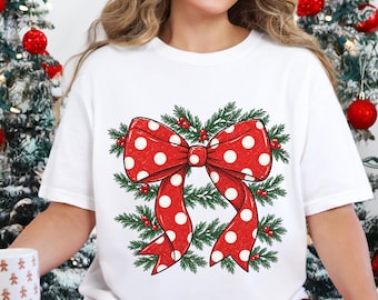 Christmas Tree Bow Shirt, Comfort Colors Christmas Tee for Women, Toile Xmas Tree Tshirt, Christmas Coquette Christmas Tees