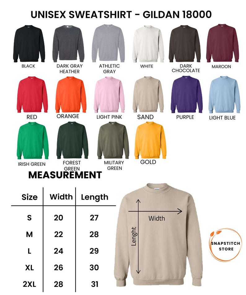 K&ouml;nnte beinhalten: Ein Gildan 18000 Unisex-Sweatshirt in Sandfarbe. Das Bild zeigt eine Vielzahl von Sweatshirt-Farben, darunter Schwarz, Dunkelgrau, Wei&szlig;, Rot, Orange und Gr&uuml;n. Ma&szlig;e sind f&uuml;r die Gr&ouml;&szlig;en S bis 2XL angegeben, mit Breiten von 51 bis 71 cm und L&auml;ngen von 69 bis 79 cm.