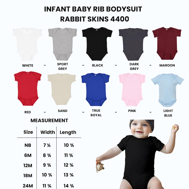 Puede incluir: Body de beb&eacute; de canal&eacute; en varios colores, incluyendo blanco, negro y rojo. La imagen muestra una tabla de tallas con medidas en cent&iacute;metros, desde reci&eacute;n nacido hasta 24 meses. El texto dice "INFANT BABY RIB BODYSUIT RABBIT SKINS 4400."