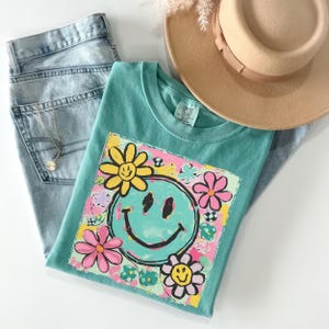 Comfort Colors Smiley Face Shirt: Summer Floral Retro Beach Vibes