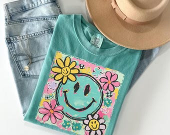 Comfort Colors Smiley Face Shirt: Summer Floral Retro Beach Vibes