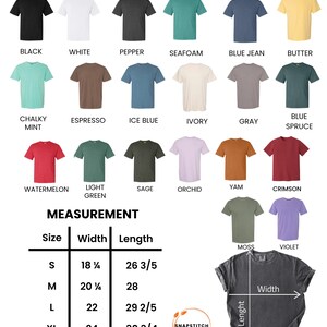 May include: A display of Comfort Colors 1717 unisex t-shirts in various colors, including black, white, and blue jean. The image also shows a size chart with measurements in inches, ranging from small (18 1/4" width, 26 3/5" length) to 2XL (26" width, 31 3/5" length).