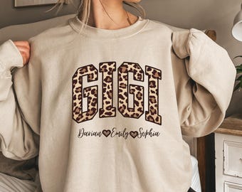 Custom Leopard Gigi Sweatshirt, Personalized Kid Name Sleeve, Gift For Gigi, Christmas Gift Gigi