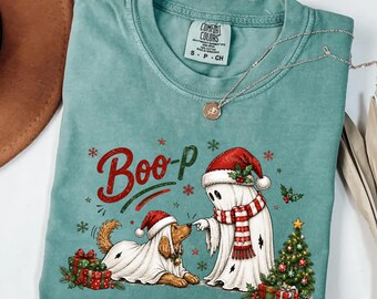 Comfort Colors® Christmas Ghost Dog Shirt, Cute Boop Shirt, Vintage Halloween Xmas Shirt, Golden Retriever Ghost Tee, Xmas Dog Lover Gift