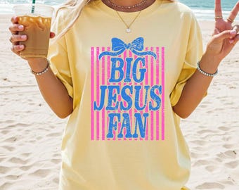 Big Jesus Fan Shirt, Comfort Colors, Womens Religious Gifts, Striped Preppy Christian T-Shirt, Faith Based Shirt