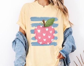 Comfort Colors® Retro Teacher Apple Minnie Shirt, Minnie Teacher Apple, Brushstroke Striped Back To School Tee, Apple Graphic Tee