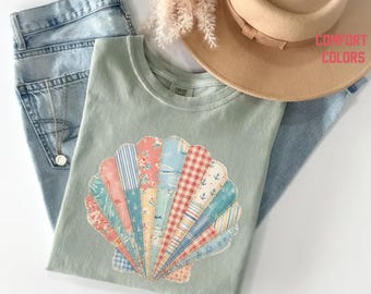 Faux Patchwork Seashell Shirt, Cute Ocean Aesthetic Tank Top, Beach Summer Graphic Tee, Summer Vibes T-Shirt, Comfort Colors®  Summer Shirt