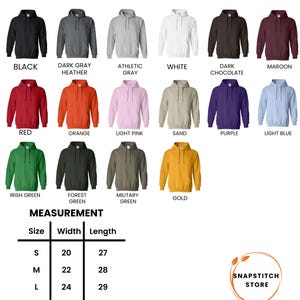 K&ouml;nnte beinhalten: Produktbild mit Gildan 18500 Unisex-Hoodies in verschiedenen Farben, darunter Schwarz, Grau, Wei&szlig;, Rot und Orange. Die Abbildung enth&auml;lt auch eine Gr&ouml;&szlig;entabelle mit Ma&szlig;en in cm.