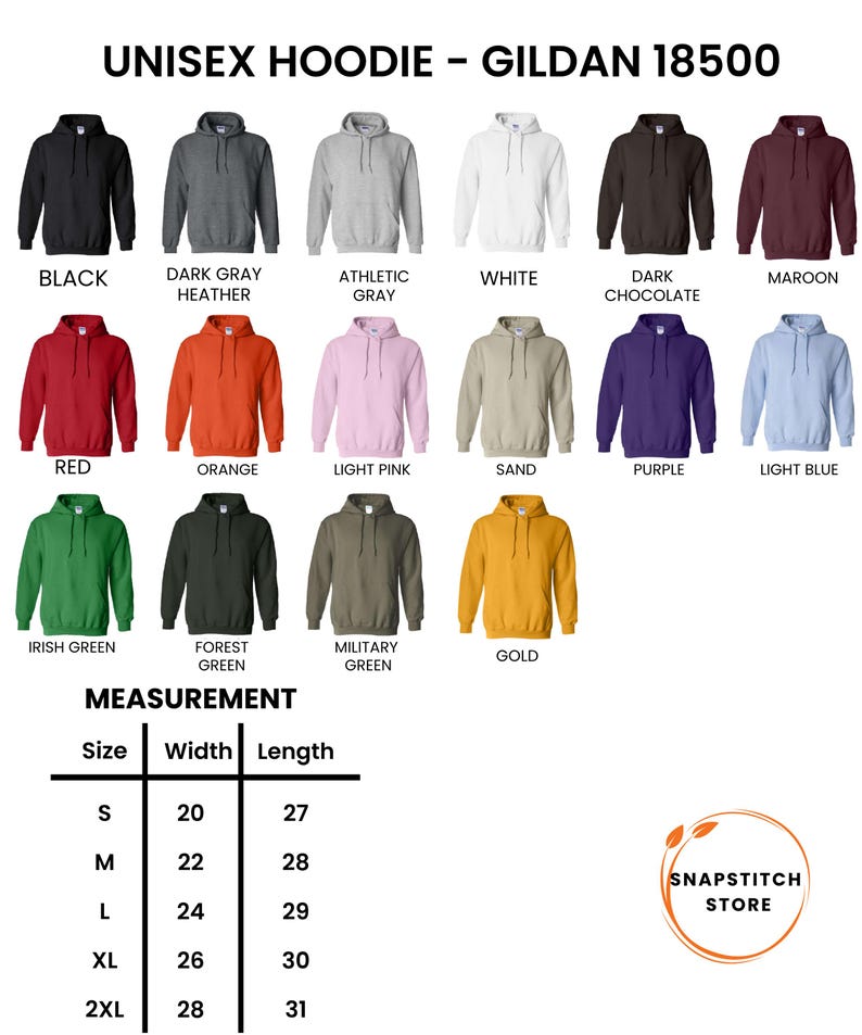 K&ouml;nnte beinhalten: Produktbild mit Gildan 18500 Unisex-Hoodies in verschiedenen Farben, darunter Schwarz, Grau, Wei&szlig;, Rot und Orange. Die Abbildung enth&auml;lt auch eine Gr&ouml;&szlig;entabelle mit Ma&szlig;en in cm.