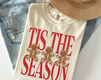 Comfort Colors Tis The Season Gingerbread Cookies Shirt, Striped Xmas Tshirt, Xmas Gingerbread Gift, Cozy Holiday Tee