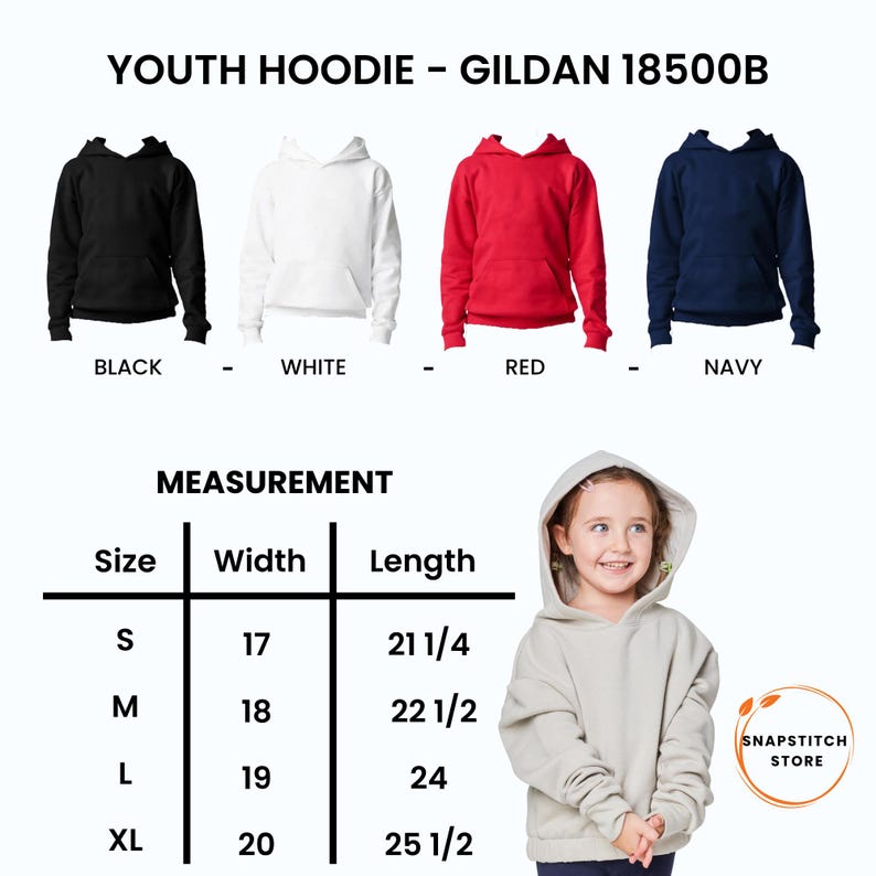 Pu&ograve; includere: Felpe con cappuccio da bambino in nero, bianco, rosso e blu navy. L'immagine include una tabella delle misure con taglie S-XL, larghezze da 43 a 51 cm e lunghezze da 54 a 65 cm. Le felpe sono Gildan 18500B.