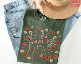 Dancing Skeleton Fall Shirt, Cute Floral Skeleton Graphic Tee, Spooky Season Halloween Comfort Colors T-Shirt Gift for Fall Lovers