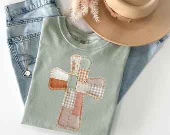 Comfort Colors Faux Patchwork Cross Shirt: Retro Quilted Christian Easter Tee Faith Jesus Apparel