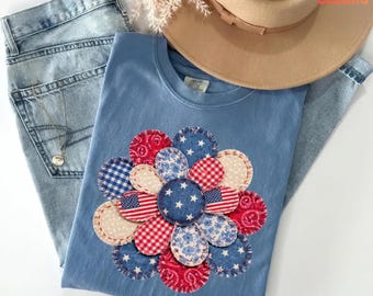 Vintage Patriotic Faux Patchwork Flower Shirt, 4th Of July Floral Tee, Americana Quilt Style Shirt, Boho USA Shirt, Summer Holiday Graphic