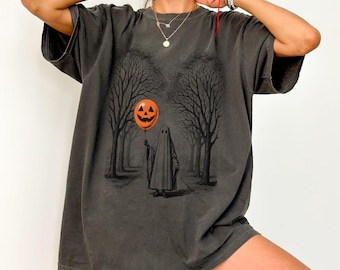 Creepy Cute Halloween Ghost Comfort Colors Shirt, Pumpkin Balloon Forest Horror Spooky Ghost Fall Aesthetic Graphic Tee Gift