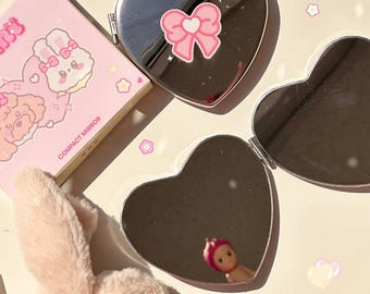 Heart Compact Mirror: Double Sided Travel Mirror with Pink Bow