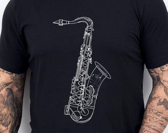 Saxophone Line Art T-Shirt, Music Lover Tee, Jazz Band Apparel, Musician Gift, Instrument Design Shirt, Artistic Saxophone T Shirt