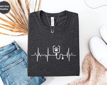 Veterinary Heartbeat Paw Stethoscope T-Shirt, Vet Tech Gift, Animal Lover Tee, Veterinarian Shirt, Pet Doctor Pullover, Cute Vet Assistant