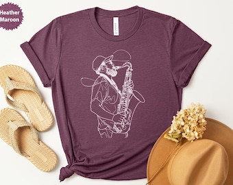 Saxophone Player T-Shirt, Jazz Music Tee, Musician Gift Idea, Retro Style, Band Fan Apparel, Black and White Design