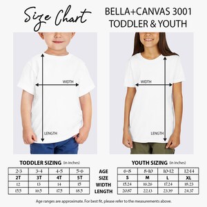 Toddler and Youth Size Chart Tee Bella Canvas 3001 Shirt Sizing Guide, Kids T-Shirt Size Reference, Apparel Measurement Chart