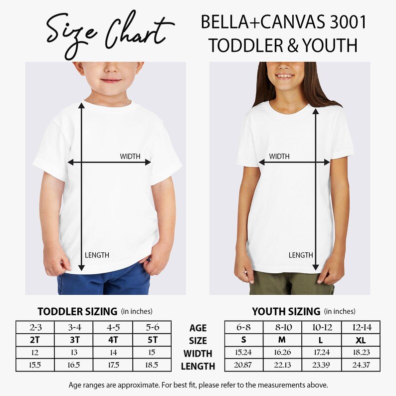 Toddler and Youth Size Chart Tee Bella Canvas 3001 Shirt Sizing Guide, Kids T-Shirt Size Reference, Apparel Measurement Chart