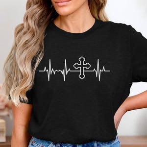 Christian Cross ECG Line T-Shirt, Religious Faith Tee, Heartbeat Design, Inspirational Shirt, Christian Apparel for Believers