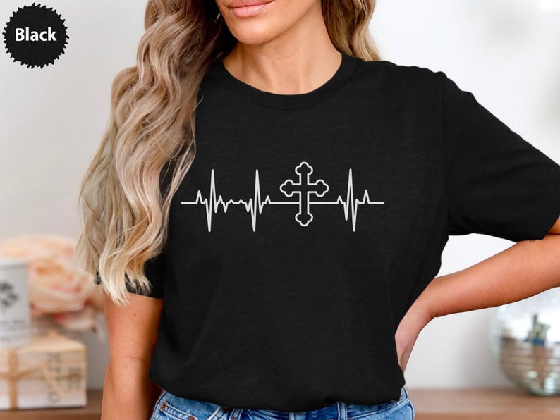 Christian Cross ECG Line T-Shirt, Religious Faith Tee, Heartbeat Design, Inspirational Shirt, Christian Apparel for Believers
