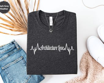 Architecture Love T-Shirt, Architect Gift, Building Design Tee, Architectural Student Top, Heartbeat Line Art Shirt, Modern Art Shirt