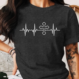 Christian Cross Heartbeat T-Shirt, Faith Themed Graphic Tee, Religious Apparel, Unique Gift Idea, Cool Jesus Shirt, Inspirational Top
