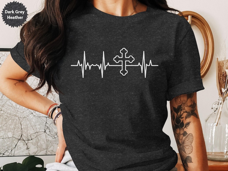 Christian Cross Heartbeat T-Shirt, Faith Themed Graphic Tee, Religious Apparel, Unique Gift Idea, Cool Jesus Shirt, Inspirational Top