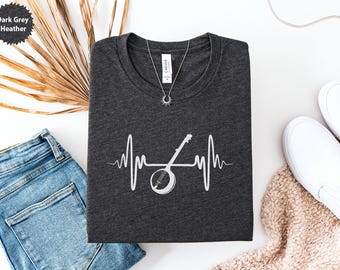 Banjo Heartbeat T-Shirt, Music Lover Tee, Instrument Gift, Bluegrass Shirt, Musician Apparel, Banjo Player Present, Country Music Clothes