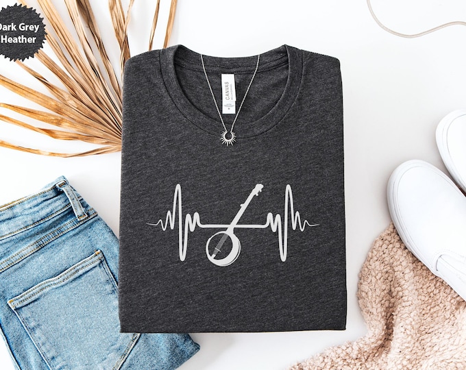 Banjo Heartbeat T-Shirt, Music Lover Tee, Instrument Gift, Bluegrass Shirt, Musician Apparel, Banjo Player Present, Country Music Clothes