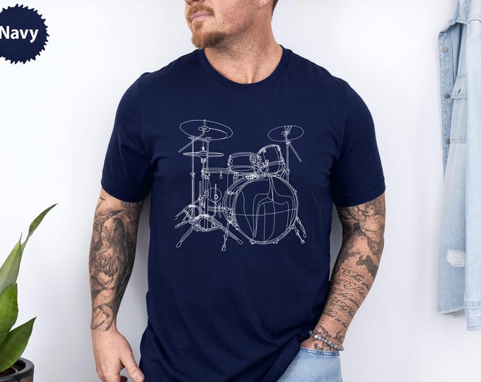 Drum Set T-Shirt, Minimalist Line Art Tee, Musician Gift, Drummer Present, Rock Music Apparel, Band Merch, Musical Instrument Shirt