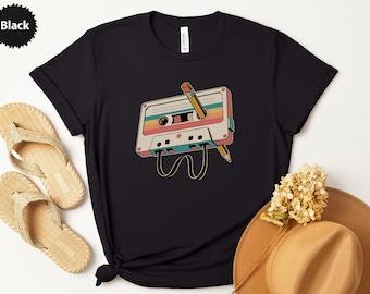 Retro Cassette Tape T-Shirt, 80s 90s Music Lover Tee, Vintage Mixtape Graphic Top, Pencil Rewind Design, Nostalgic Gift Idea